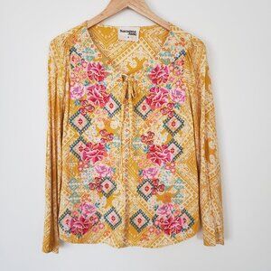 Savanna Jane Yellow Multicolor Floral Embroidered Blouse Shirt Top Rayon Size S